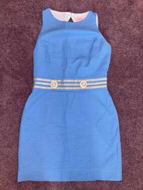 Sleeveless Blue Textured Sheath Dress with Decorative Waist
